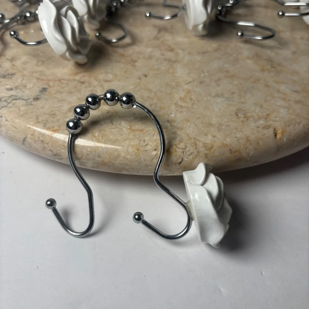 UO Rose Icon Shower Curtain Hooks Set of 12 White 3D Rose Flower‎ Shabby Chic
